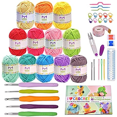 Mira Handcrafts 12 Acrylic Yarn Skeins, Complete Crochet Kit and Real Project Book - Total 516 Yards Crafts Yarn - Ideal Starter Kit Gift Cover