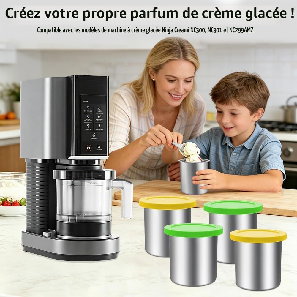 4 Pièces Pot pour Creamy Accessoires, Récipient pour NC300 NC299 NC300 NC301, Bacs À Crème Glacée avec Couvercle Et Cuillère, Passe au Lave-Vaisselle