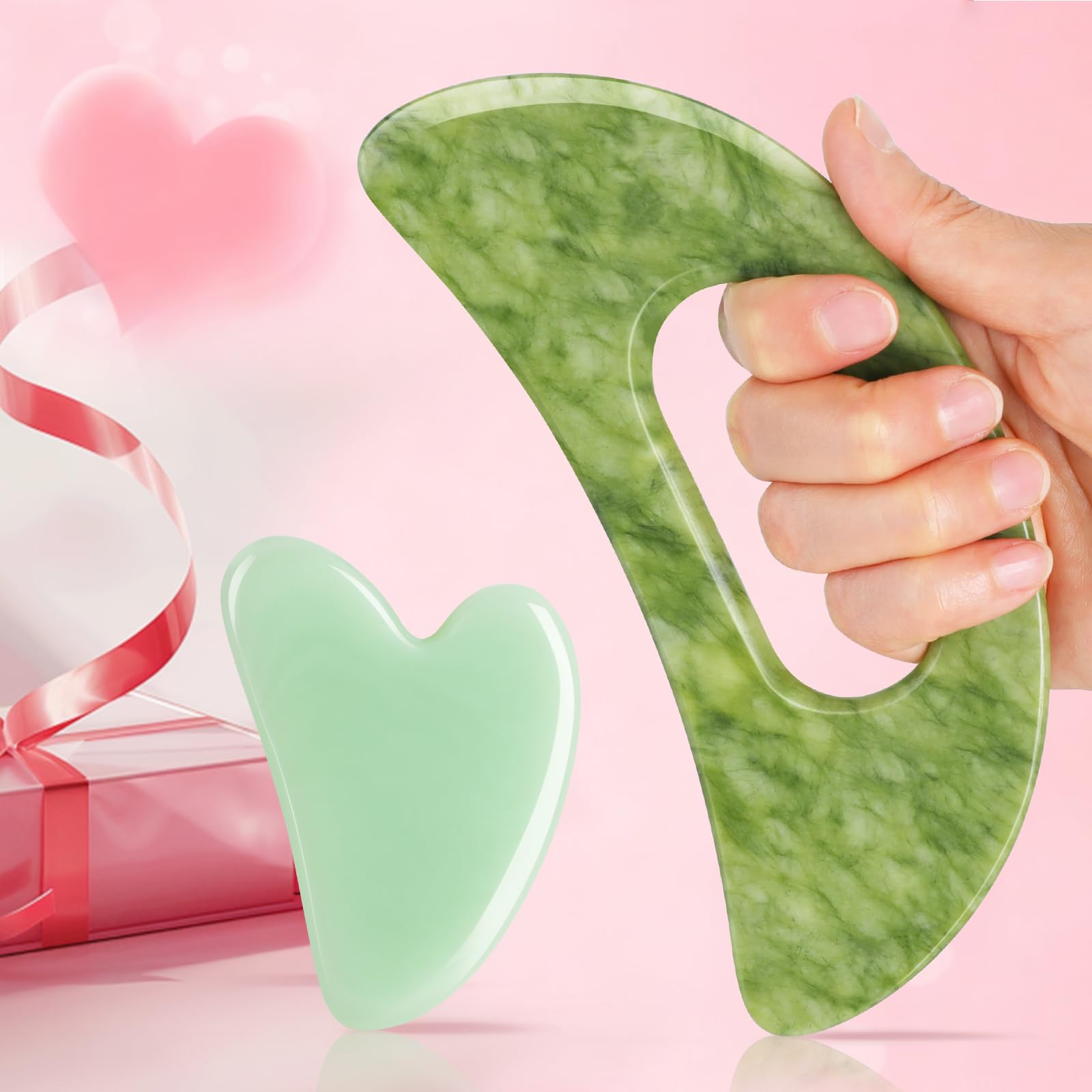 Jade Stone Gua Sha Massage Tool Set Larger Guasha Board with Handle Muscle Scraping Massage Tools Facial Anti Cellulite Spa Acupuncture Tools for Massage, Lymphatic Drainage Valentine's Day Gifts