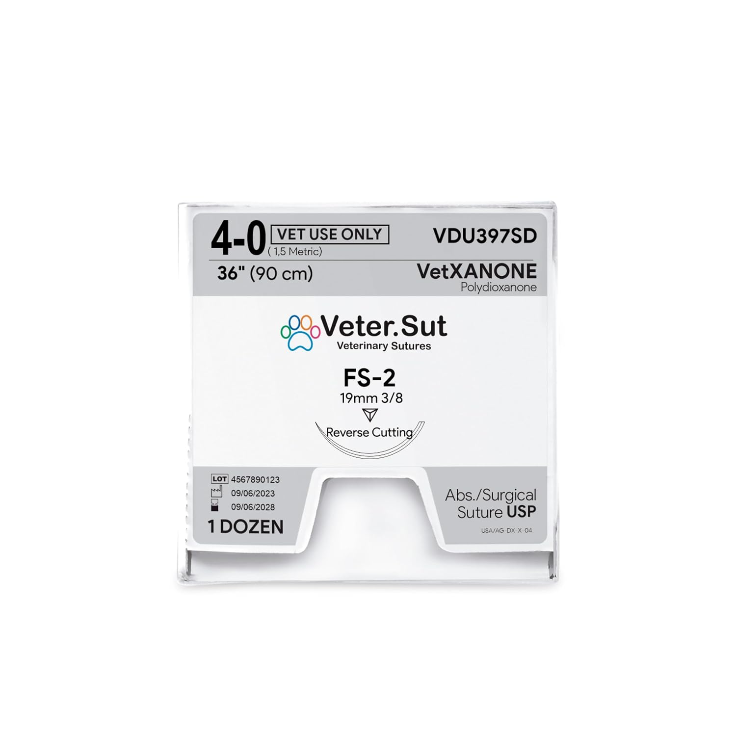 VeterSut VetXANONE Absorbable Polydioxanone Surgical Suture USP Size 4-0, (FS-2) 3/8 19mm Reverse Cutting Needle, 36 Inches (90 cm), 12 Count, Veterinary Use