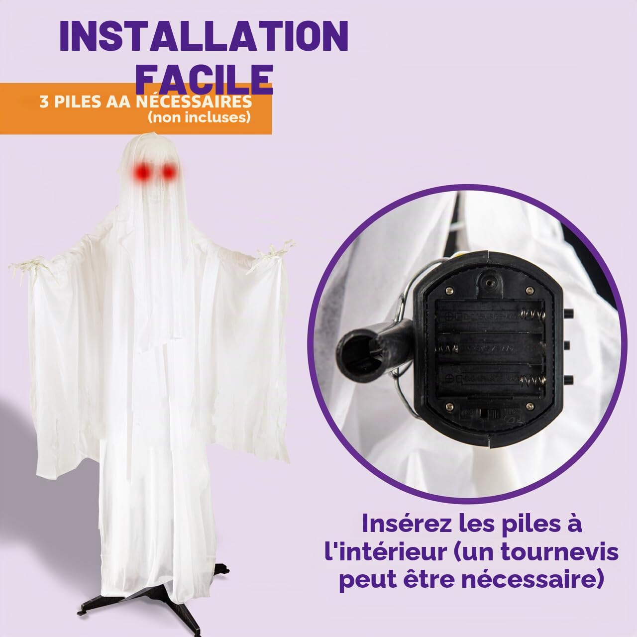 OYIN Décoration de fantôme animée pour Halloween - 172,7 cm - Squelette Debout - avec Yeux Lumineux et Son Effrayant (Activation sonore) - pour Halloween,