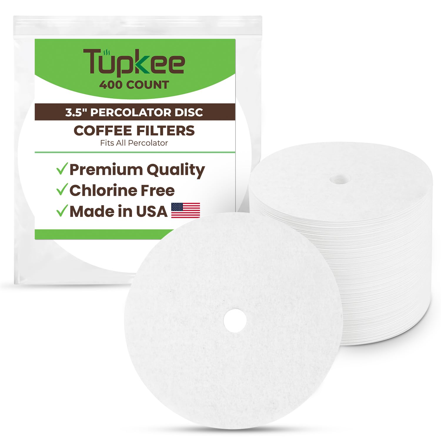Tupkee 3.5" Percolator Coffee Filters – Flat Disc Round Coffee Filters with Center Hole - 400 Count | Fits All Percolator Coffee Pots - White, Chlorine-Free - Made in the USA