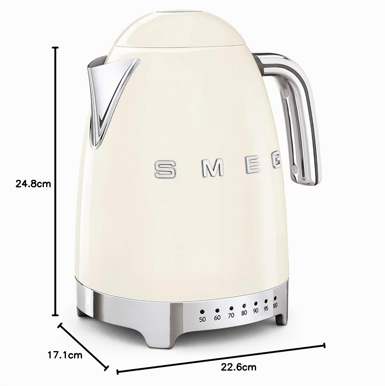 Smeg, Bouilloire à Température Variable KLF04CREU 1,7 L, Plusieurs Température, Filtre Anticalcaire Lavable, Arrêt Automatique de Sécurité, Indicateur de Niveau d'Eau, Enrouleur de Câble, 2400W, Crème