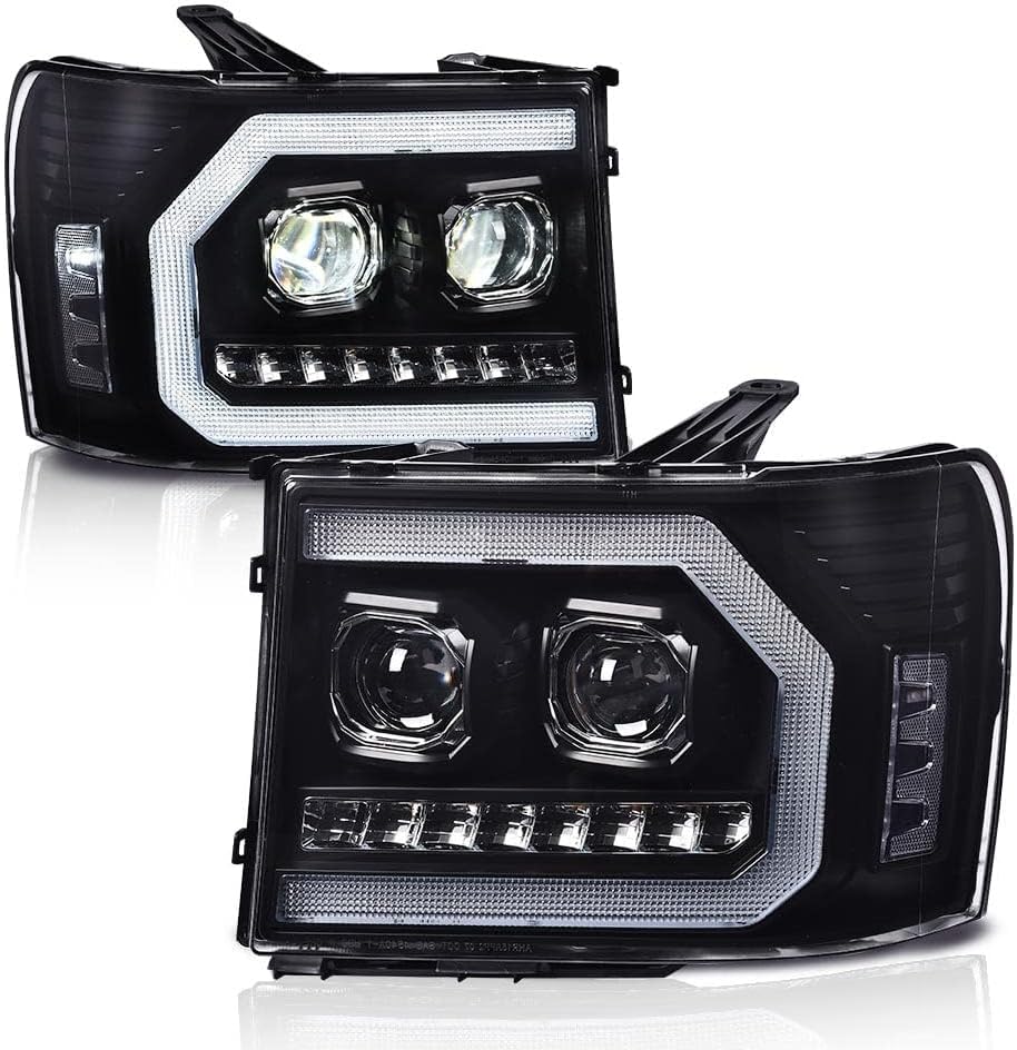 G-PLUS LED DRL Tube Projector Headlights Assembly,Fit For 2007-2013 GMC Sierra 1500/2007-2014 GMC Sierra 2500 HD & 3500HD Headlamps,Driver & Passenger Side, Clear lens Black Housing Clear Reflector