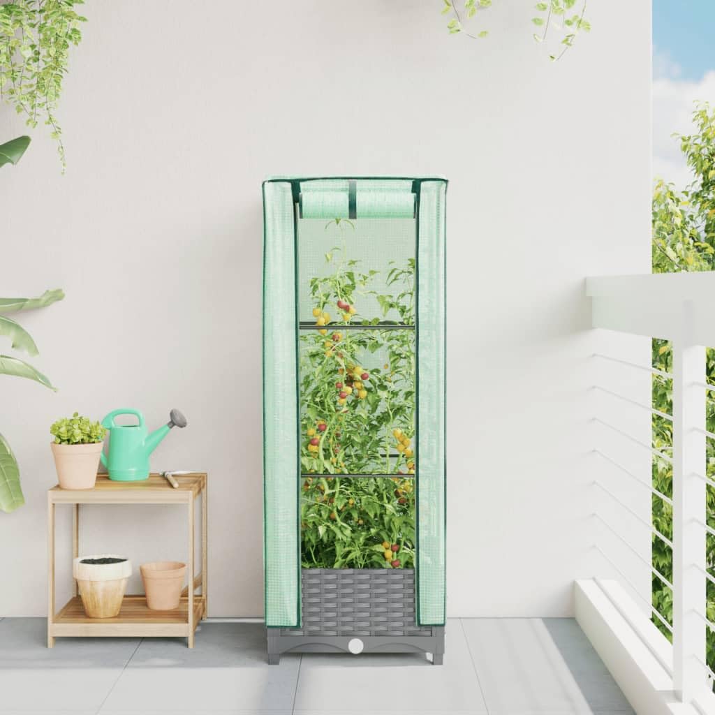 Bancal alto con accesorio de invernadero, 40 × 40 × 123 cm, aspecto de ratán, marco de hierro, semillero gris para balcón, jardín, cocina Urban Gardening