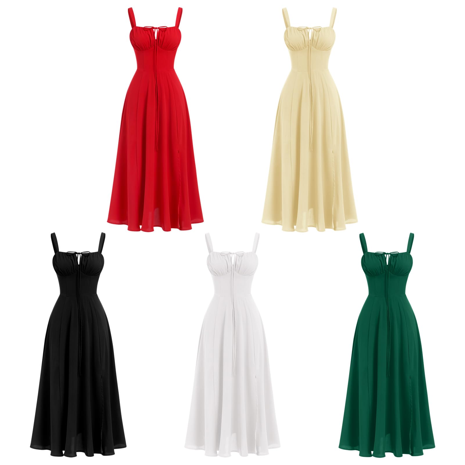 IBAKOM Femmes Robe d'été Spaghetti Bretelles Robe de Printemps Bohème Robe Avant Fourche Swing Midi Sun Jupe Fête Vacances Plage Robe