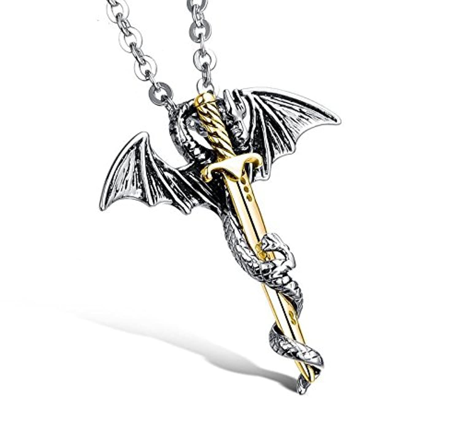 Yellow Chimes Sword Dragon Steel Pendant for Men (Golden, Silver Plating- Oxidized Silver) (YCSSPD-G937J-SL)