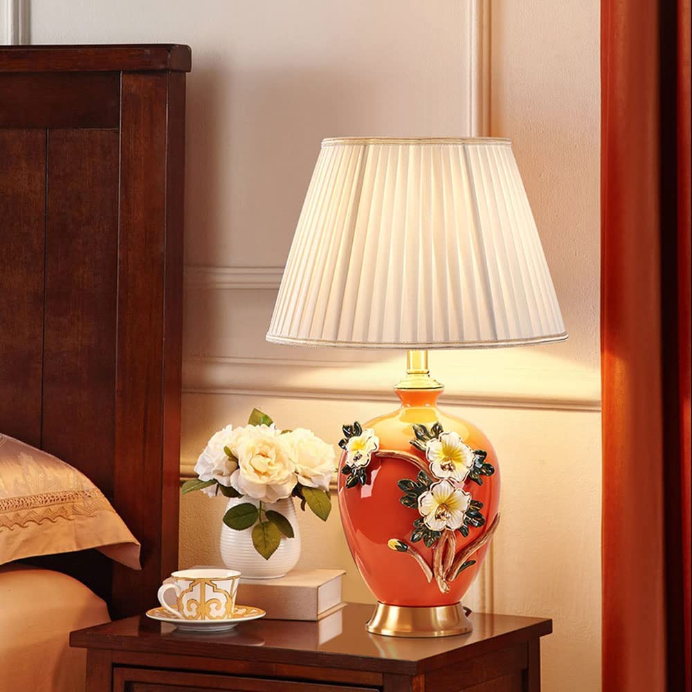 Lampa biurkowa, lampa stołowa Lampki nocne Pomarańczowe ceramiczne mosiężne lampy stołowe Ręcznie ugniatany kwiat Szkliwiony stolik nocny Podstawa lampy do czytania Sypialnia Salon Lampy stołowe do