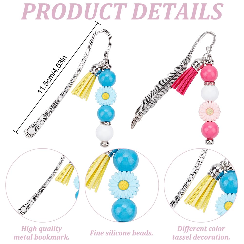 FREEBLOSS 166pcs Beadable Bookmarks Kit DIY Metal Daisy Bar Bookmarks Beaded Bookmarks 8 Set DIY Bookmark Kit Silicon Daisy Rhinestone Wood Beads Bookmark Making Kit for Gift Supplies - Image 3