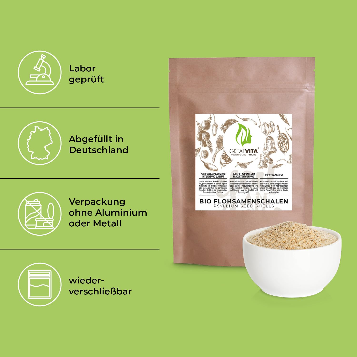 GreatVita Bucce di psillio organico, puro al 99%, (1 x 1000g) Bucce di psillio indiano, ad alto contenuto di fibre e vegano, L'imballaggio può variare