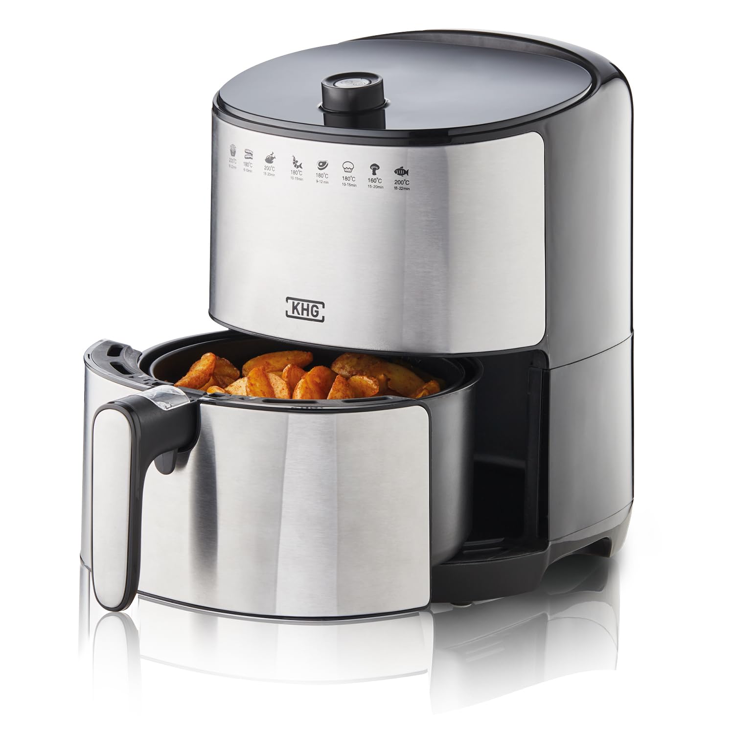 KHG Heißluft-Fritteuse Airfryer HLF-3200 silber 3,2 Liter herausnehmbarer Frittierkorb 1500 Watt Timer LED Anzeige