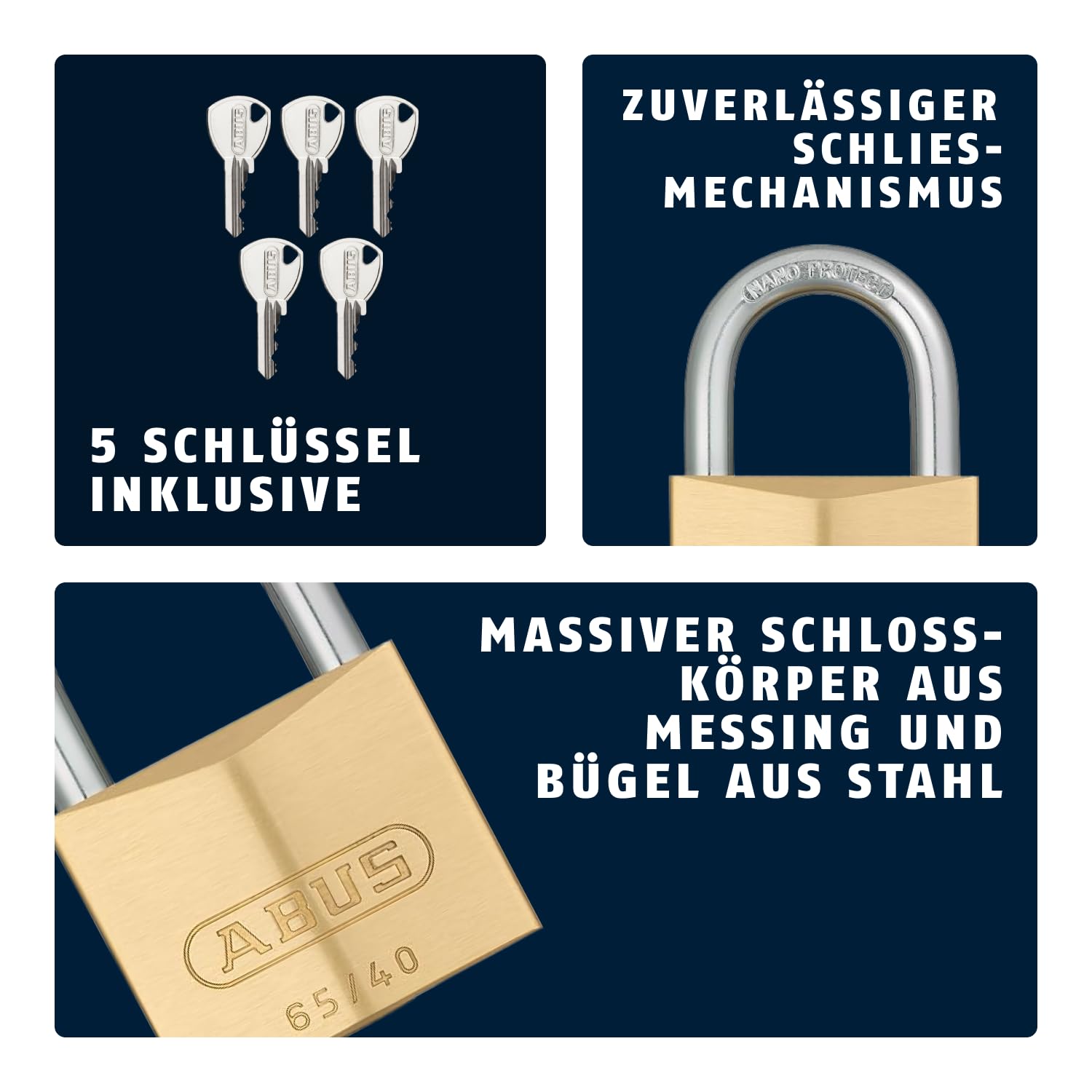 ABUS Vorhängeschloss Messing 65/40 - 4er Set, gleichschließend - Kellerschloss, Spindschloss u. v. m.- Messing-Schlosskörper - gehärteter Stahlbügel - ABUS-Sicherheitslevel 5