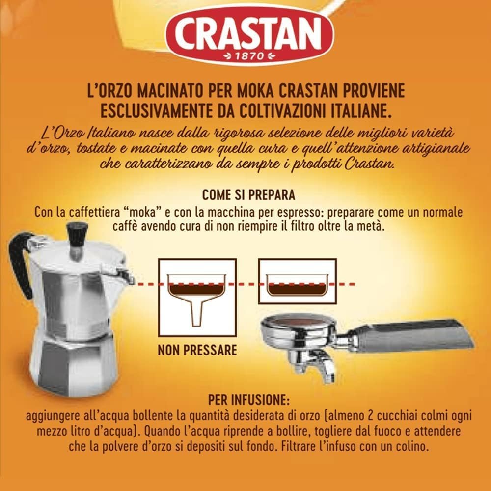Italian Gourmet - Crastan - Orge Torréfiée Italienne Moulue pour Moka – Orzo Italiano Crastan – Alternative au Café Sans Caféine – Goût Toasté Intense, Pour Cafetière 6 x 500 g + Italian Gourmet Polpa