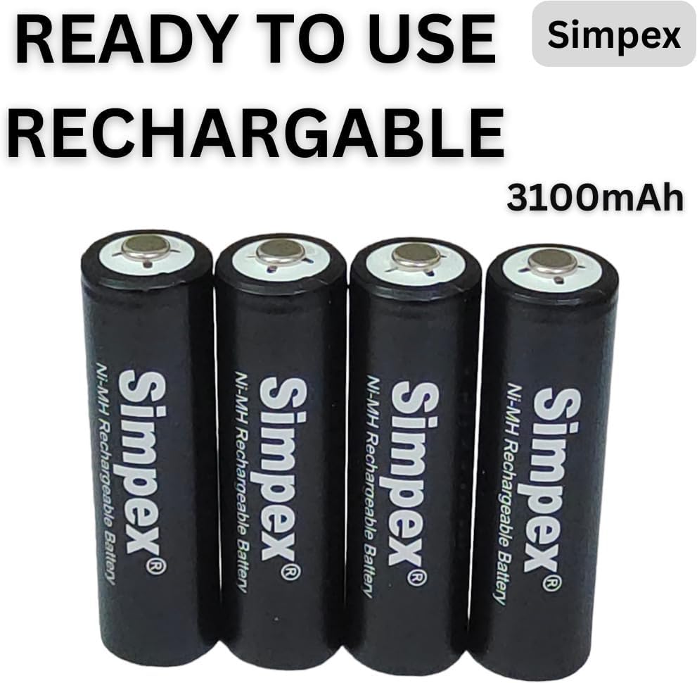 Image of Simpexs 3100mAh High Power Ni-MH 1.2V AA Ready to Use Rechargeable Battery with Quick Charging and Low Self Discharge, Can Charge up to 1000 Times (Pack of 4)