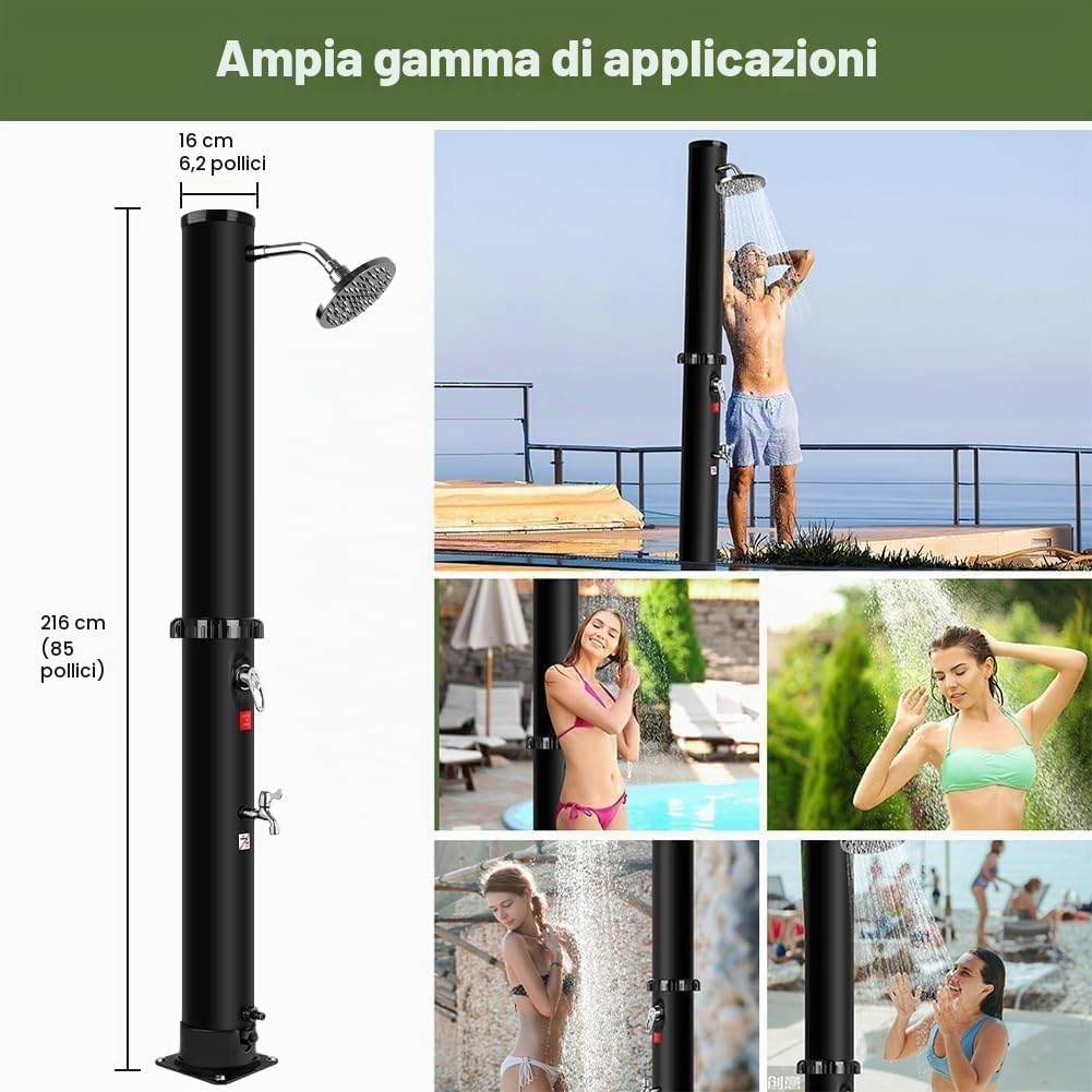 Doccia Solare Esterno 35 L, Colonna Doccia Solare Piscina con Telo Protettivo, Serbatoio PVC, Acqua Calda Fredda, Soffione Orientabile, Rubinetto Lavapiedi, Giardino Campeggio