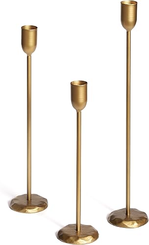 Perfnique Juego de 3 portavelas de latón Portavelas de hierro dorado antiguo para Navidad, cumpleaños, boda, fiesta, mesa de comedor, decoración de