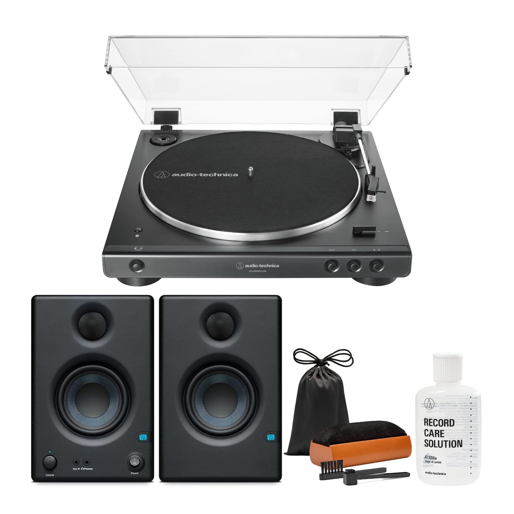 Audio-Technica AT-LP60X Bluetooth USB Turntable with PreSonus Eris E3.5 Bluetooth Monitors and Knox Gear Cleaning Bundle