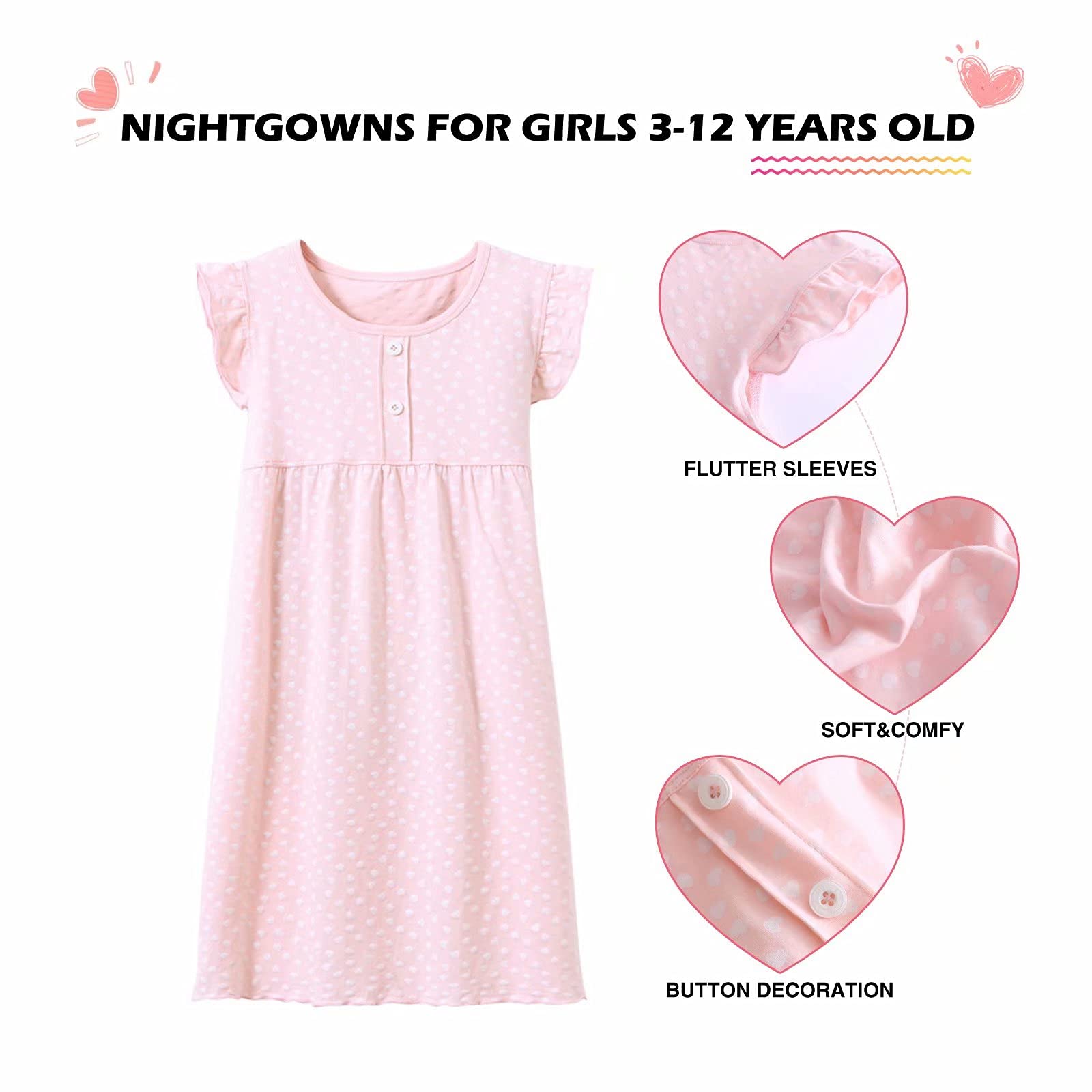 BANGSAUR Lot de 2 chemises de nuit en coton avec imprimé cœur - Pour fille - 3 à 15 ans