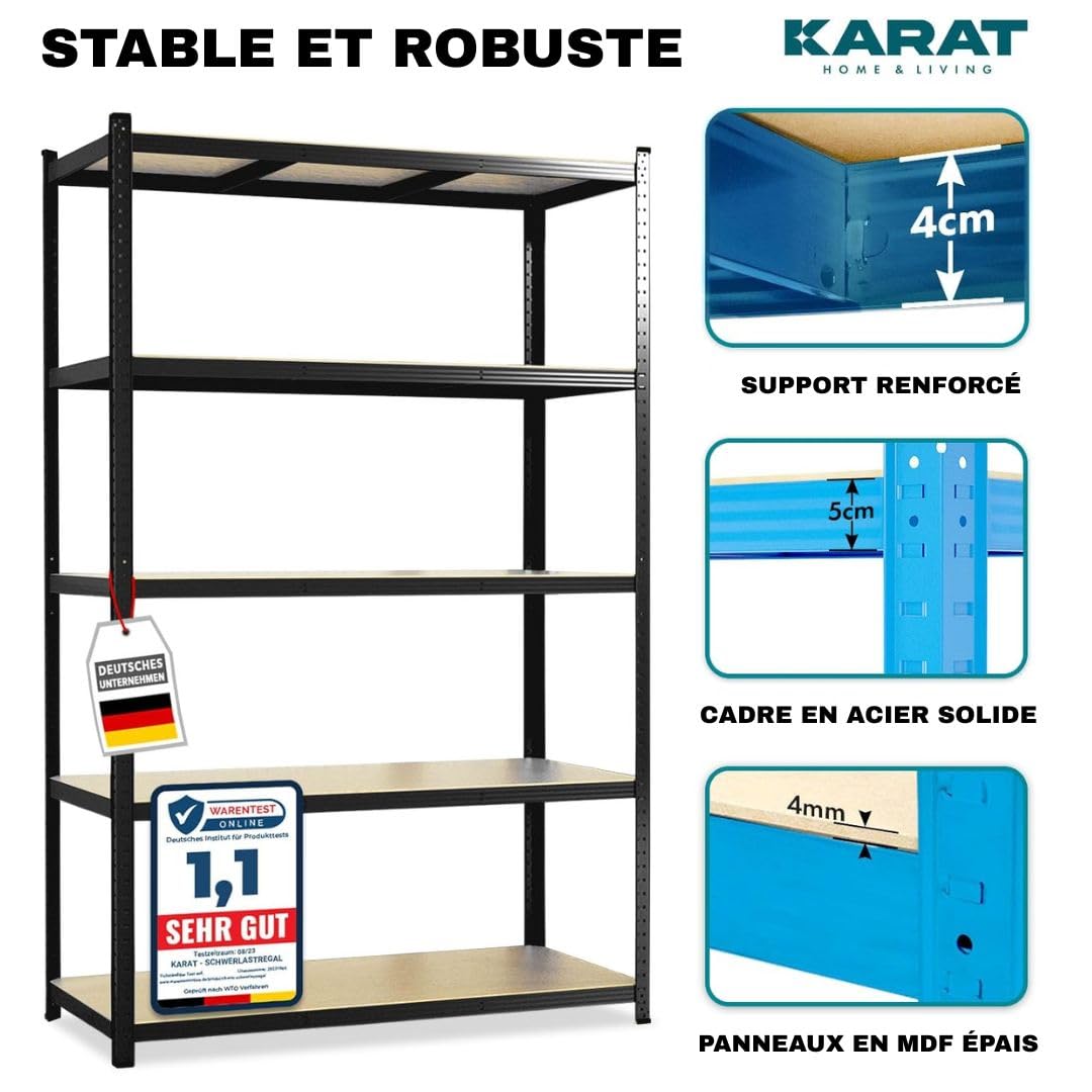 KARAT Lot de 2 étagères pour Charges Lourdes. 40 x 90 x 180 cm. enfichables. pour Cave. entrepôt. 5 tablettes réglables. Noires