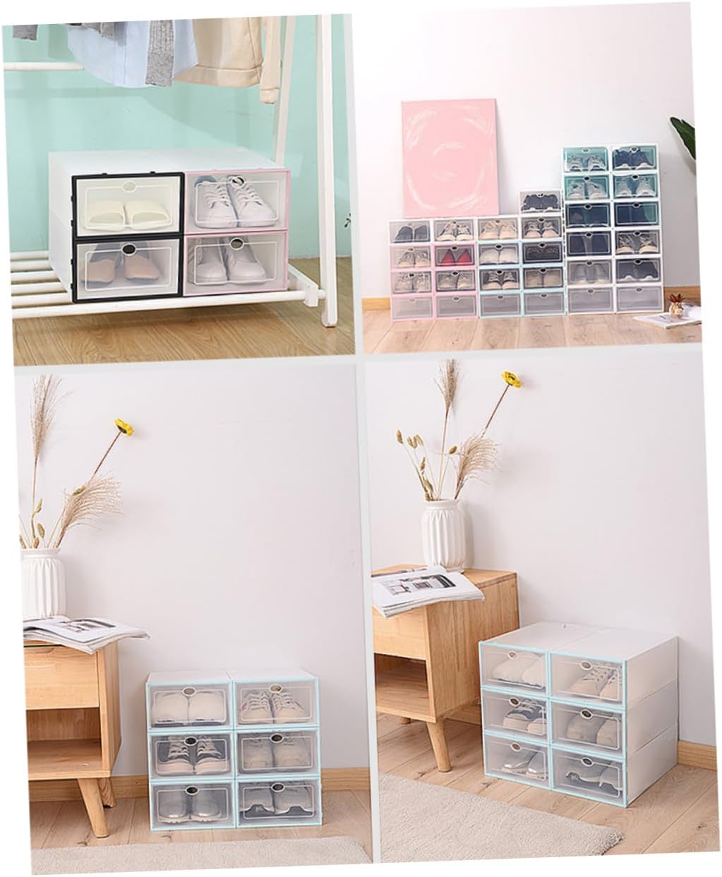 6PCS Thickened Transparent Shoe Containers Plastic Storage Boxes for Men Black Frame White Stackable Organizer for Closet and Shelf Shoes Storage