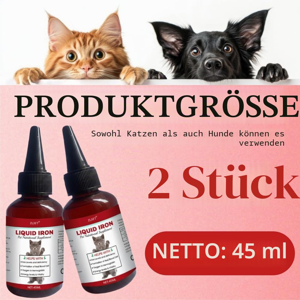 Flüssige Eisenpräparate für Katzen,2pcs Flüssiges Eisen Ergänzungen für Hunde,Hunde Eisen Tropfen mit Vitamin B12 & Folsäure,Katze Vitamine und Ergänzungen mit Vitamin C und B12,45ml