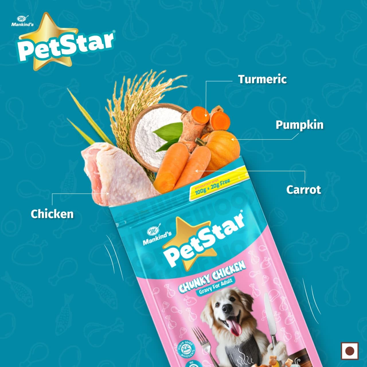 Mankind Petstar Adult Wet Dog Food (High Protein) Chunky Chicken Gravy, 120g (Pack of 5) | Made with Real Chicken & Veggies |Adult Dog Food| No Artificial Flavors
