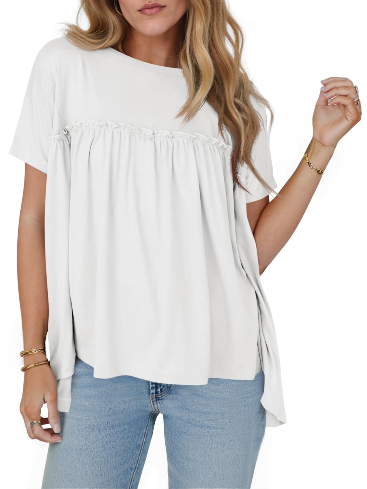 Womens Summer Babydoll Tunic Tops Pleated Short Sleeve Crew Neck Peplum T Shirts Casual Loose Fit Outfits White