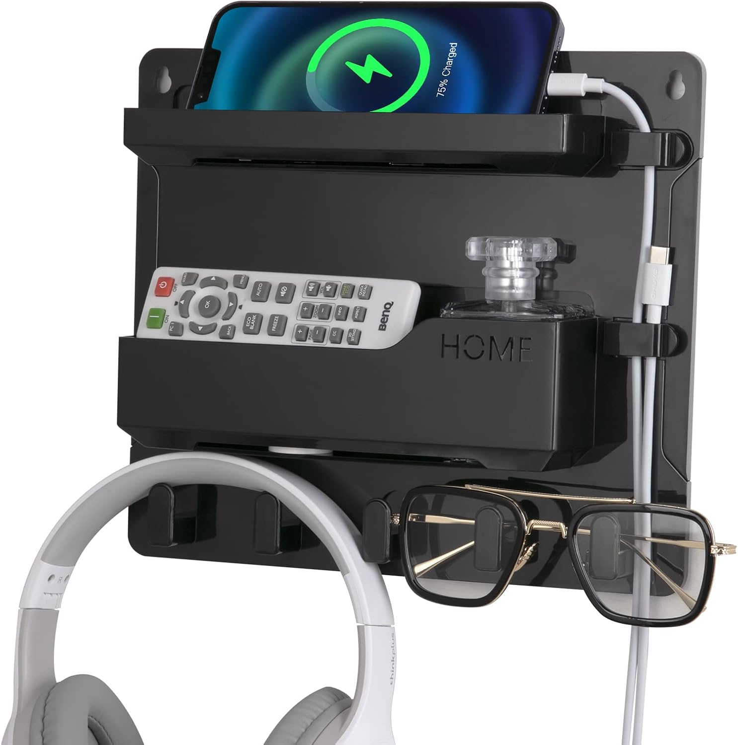 JUMEIHUI Wall Mount Shelf Organizer, Adhesive Bedside Shelf Accessories with Hooks and Cable Clips, Dorm Room Wall Storage for Phone, Remote, Earphone, Kindle, Plastic(Black) JUMEIHUI Wall Mount Shelf Organizer, Adhesive Bedside Shelf Accessories with Hooks and Cable Clips, Dorm Room Wall Storage for Phone, Remote, Earphone, Kindle, Plastic(Black)