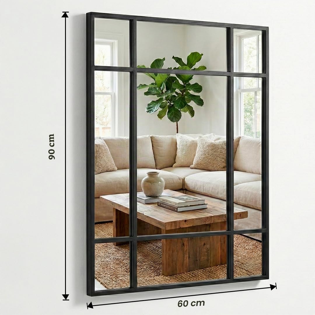 Marctani Specchio per finestra da parete 90 x 60 cm - Specchio industriale decorativo con cornice in metallo - Design rettangolare effetto finestra per ingresso, ingresso e soggiorno