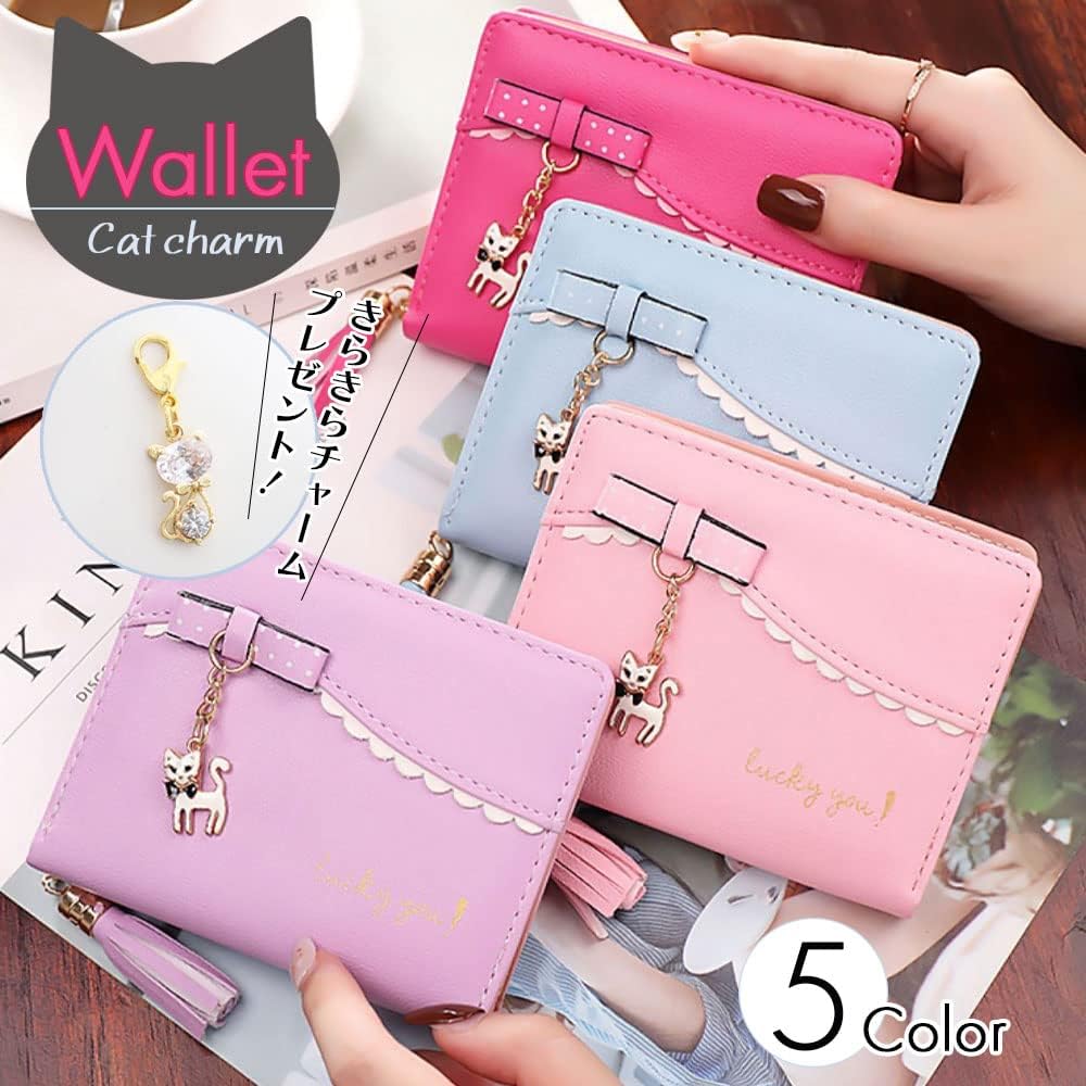 Amazon | 【B-TOPAZ】財布 二つ折り レディース がま口 ファスナー 小さい かわいい バイカラー ミニ財布 ミニウォレット コンパクト  大容量 おしゃれ プレゼント (ファスナータイプ リボン パープル) | 財布