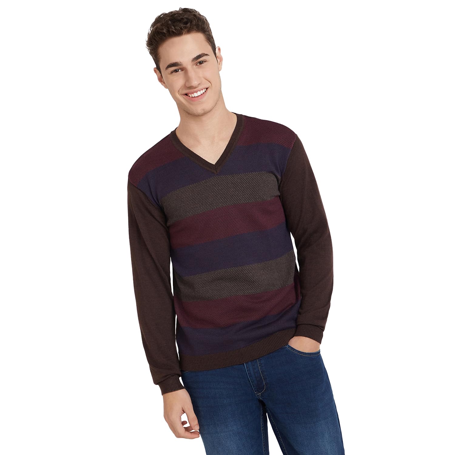park avenue Men's Regular Fit Acrylic Wool Blend Full Sleeve V Neck Stripe Pattern Dark Brown Casual Sweater-picture-23