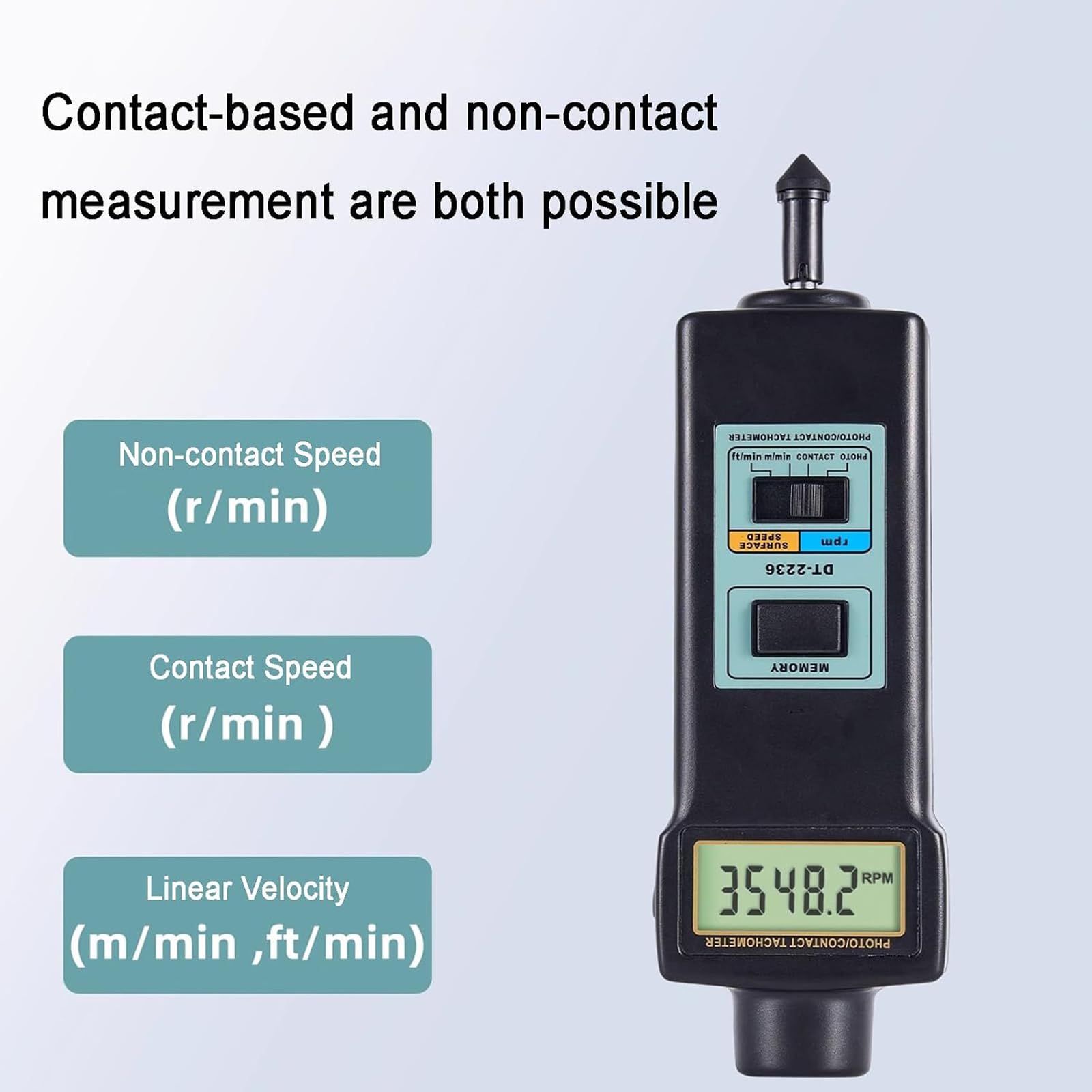 Digitales Kontakt-drehzahlmessgerät, Hand-drehzahlmesser Mit Kontakt- Und Fotosensor (2,5–99.999 U/min), Lineare Geschwindigkeitsmessung (m/min, Ft/min), Mit 4 Messspitzen, LCD-Display, Für
