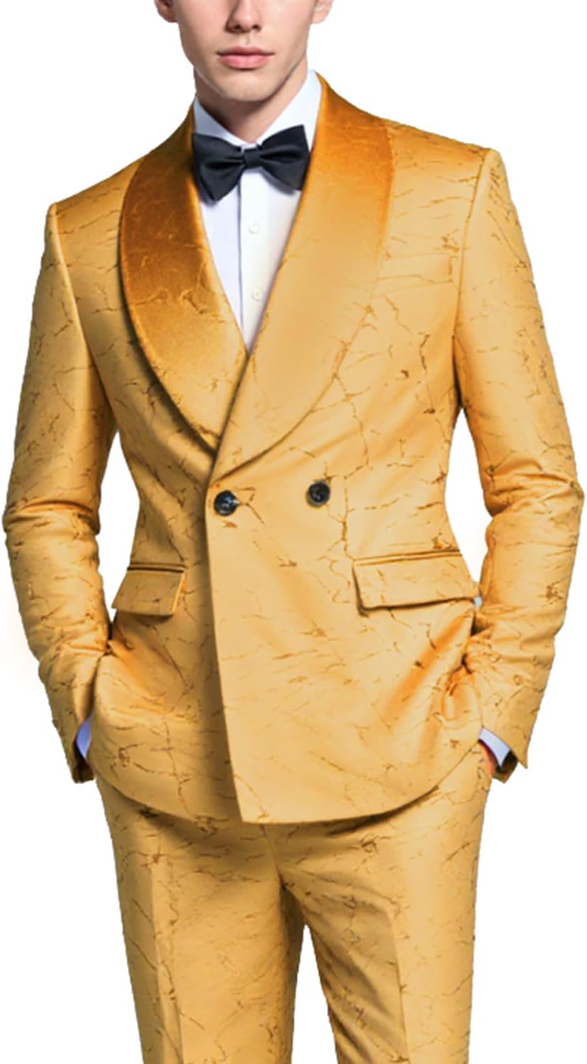 UNINUKOO Men's 2 Piece Suit Set Velvet Skinny Luxury Floral Dress Clothes Shawl Lapel Formal Party Wedding Tuxedo for Men