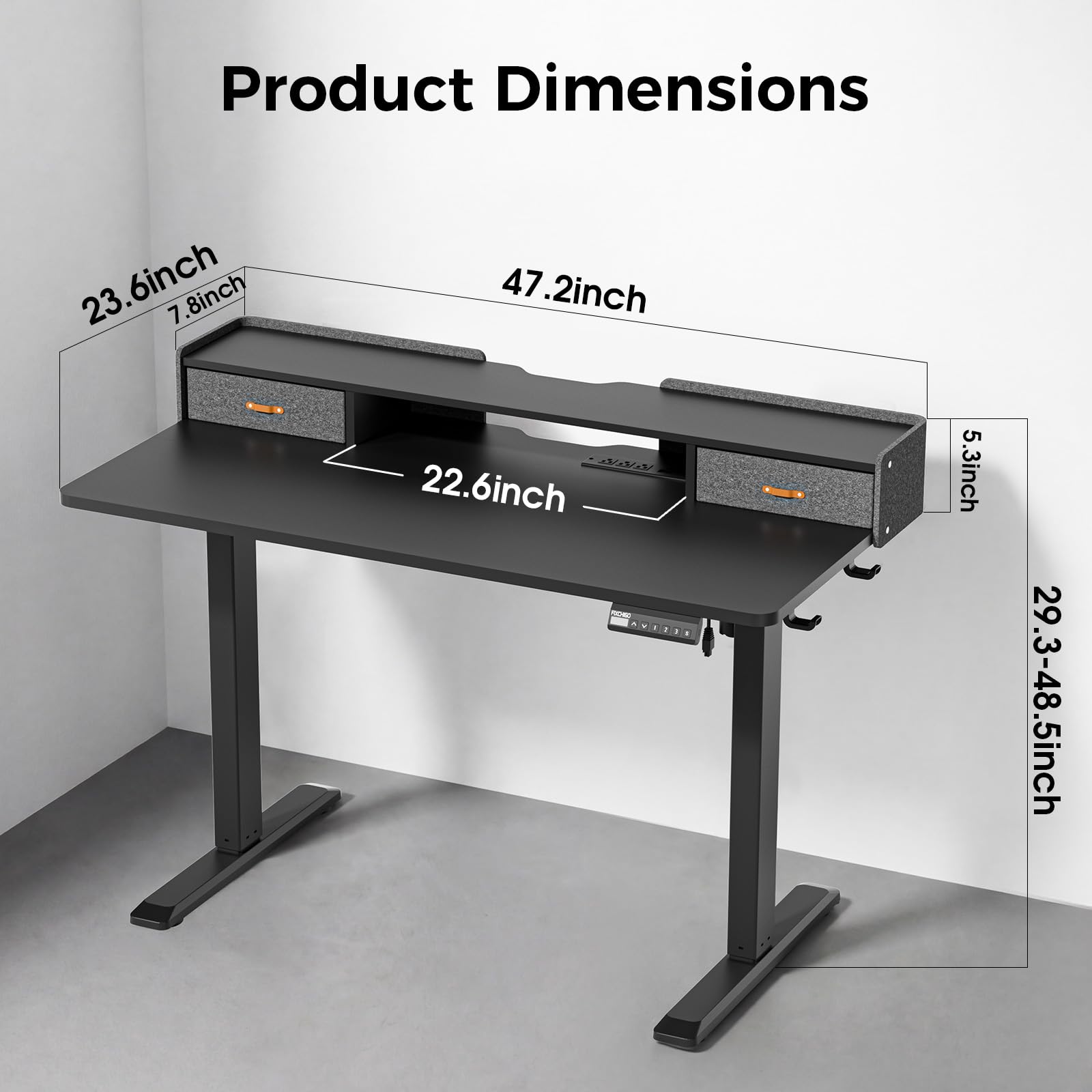 Electric Standing Desk with Drawers 48 Inch Height Adjustable Desk with Power Outlets LED Lights Sit Stand Table — view 2