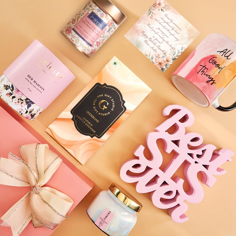 Image of THE GIFT STUDIO.COM | Tea-licious Hamper for Sister | Jasmine Tea, Black Mug, Scented Candle & Rakhi Greeting Card | Raksha Bandhan Gift