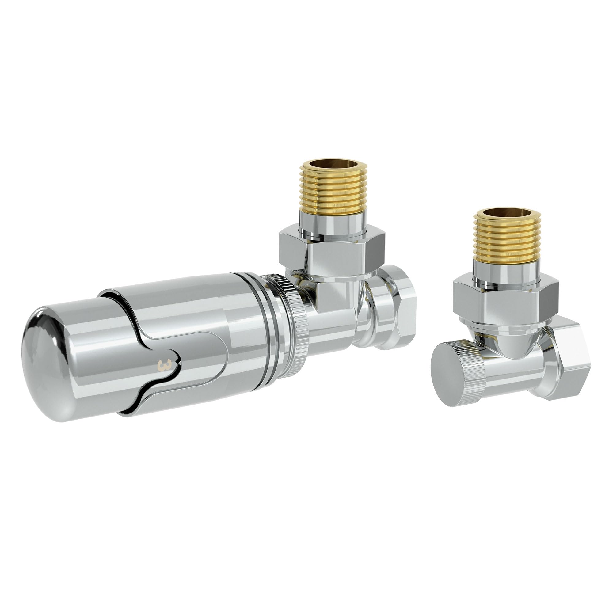 LuxeBath Zawór termostatyczny + złącze śrubowe powrotne do grzejników, chrom, zawór grzejnikowy, kompletny zestaw, głowica termostatu 1/2" kształt narożny, zawór grzewczy z pozycją ochrony przed