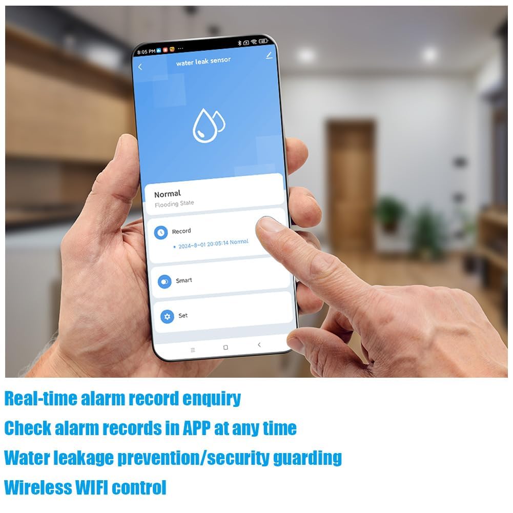 Flintronic Detektor wycieku wody Wi-Fi, inteligentny czujnik wycieku wody, alarm wody 80 dB z kablem wykrywającym 1 m, zdalne monitorowanie aplikacji, zasilanie baterią AAA, do kuchni, piwnicy,