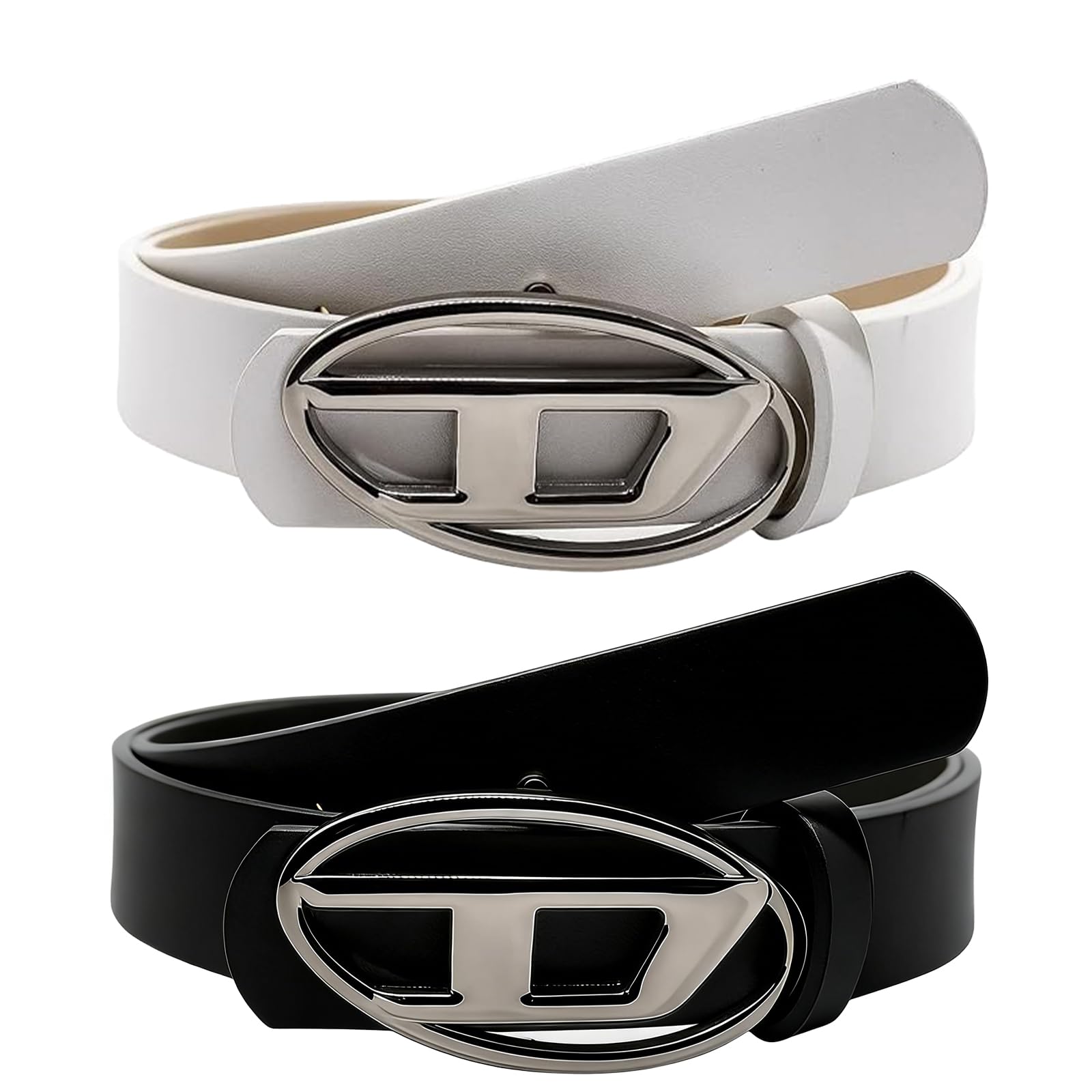 Pack of 2 Y2k Style Belt with Oval D Buckle, Vintage Style Belt Set for Men and Women, Stylish Waistband for Jeans and Trousers, Black and White, 2.8 x 105 cm