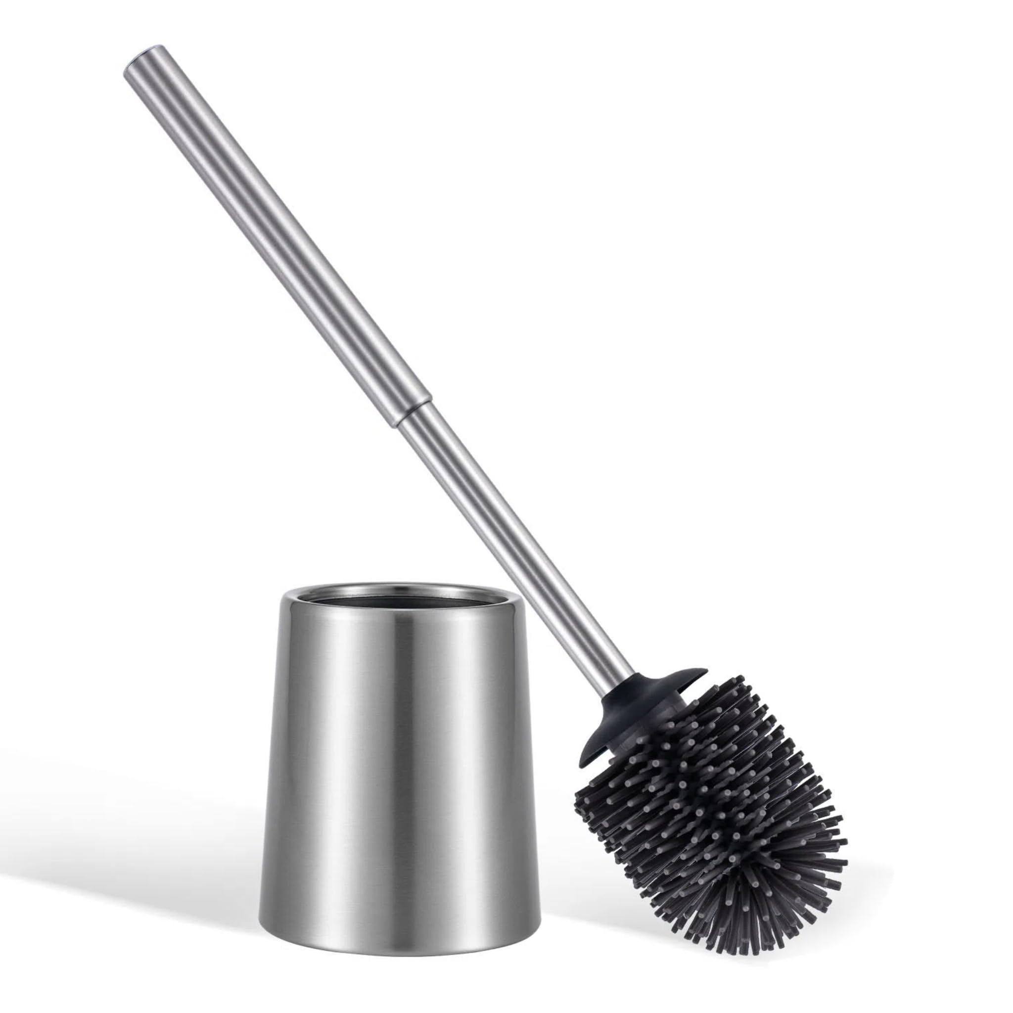 SOPRANNOMIN SUS304 Stainless Steel Toilet Brush and Holder Silicone Bathroom Brush TPE Brush Head Toilet Cleaner for Bowl Bathroom Cleaning Brush Caddy with Oily Coating Brushed Silver