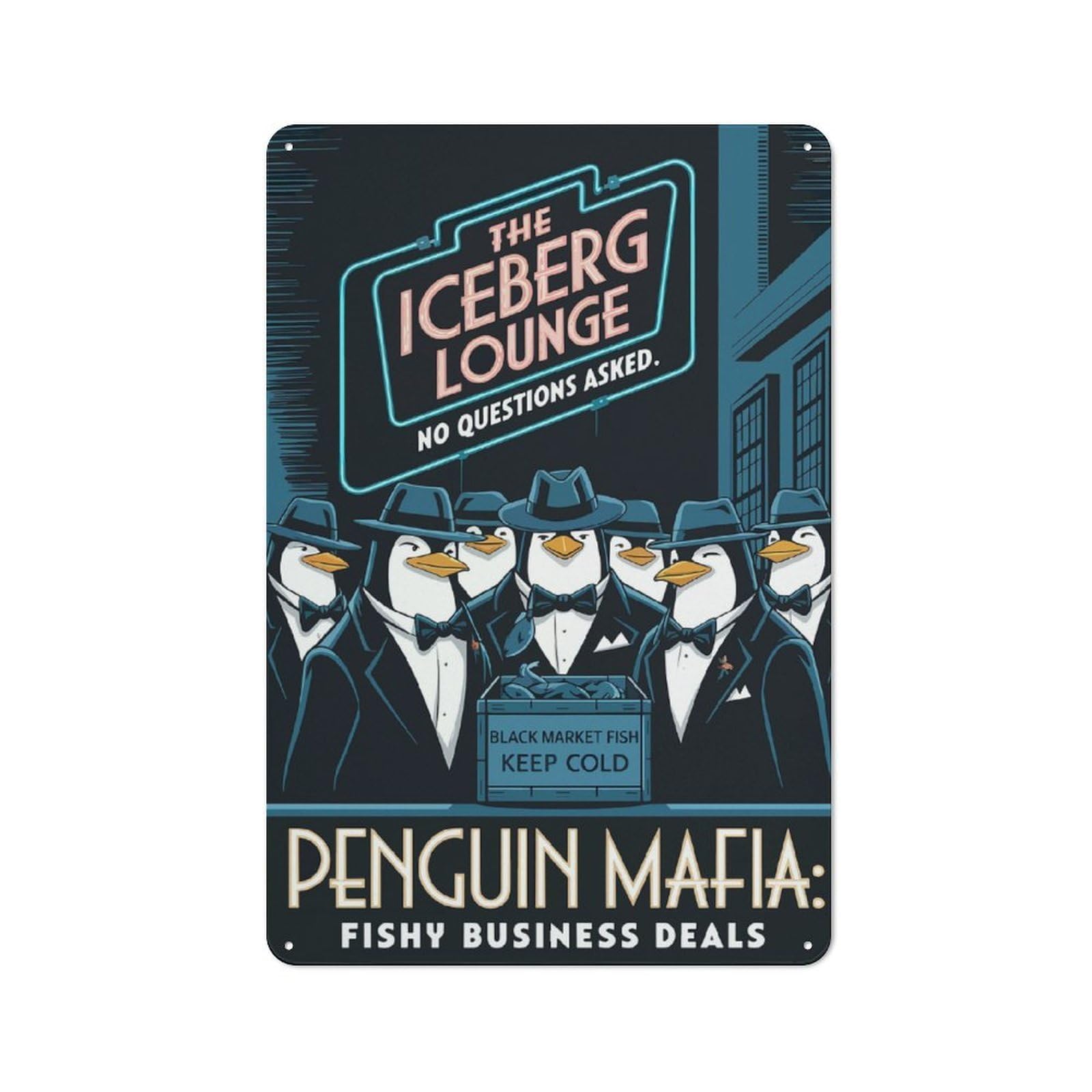 Junmoney Penguin Mafia Fishy Business Deals Classic Metal Wall Decor 30X20cm, Decorative Metal Sign For Workspace, Cafe, Shop Or Desk Area
