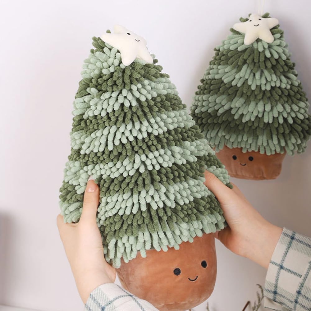 Christmas Tree Hand Towel，Soft Fuzzy Ball Chenille Hand Towel for Bathroom, Absorbent Hand Drying Puff with Hanging Loop, Cute Decorative Hand Towels for Kids and Kitchen (Green, 9.8*7.9*3.9inch)