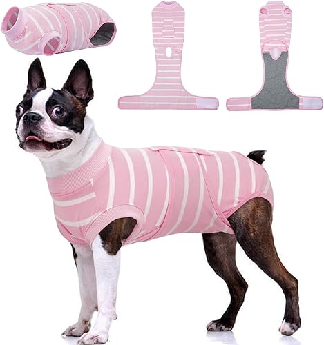 Vista 10 de Kuoser Traje de recuperación de cirugía para perros hembras, machos, antiesterilización a rayas, antilamedas, traje quirúrgico para heridas Rayas
