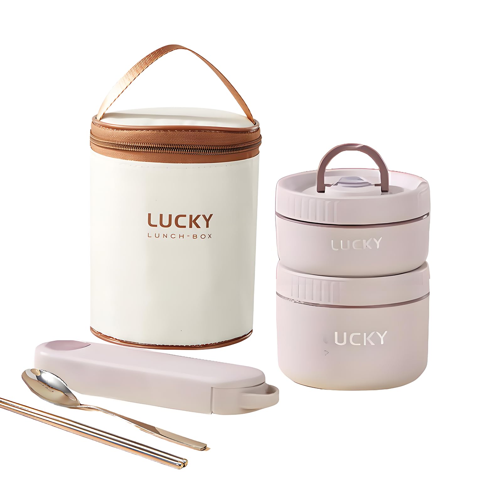 Photo 1 of ***SEE NOTES***Ausenzup Stainless Steel Lunch Box, 3-Tier Insulated Bento Box Microwave Safe Soup Bowl for Adults, Thermal Food Container for Office Workers (Beige, 2pcs + Tableware + Insulated Bag)