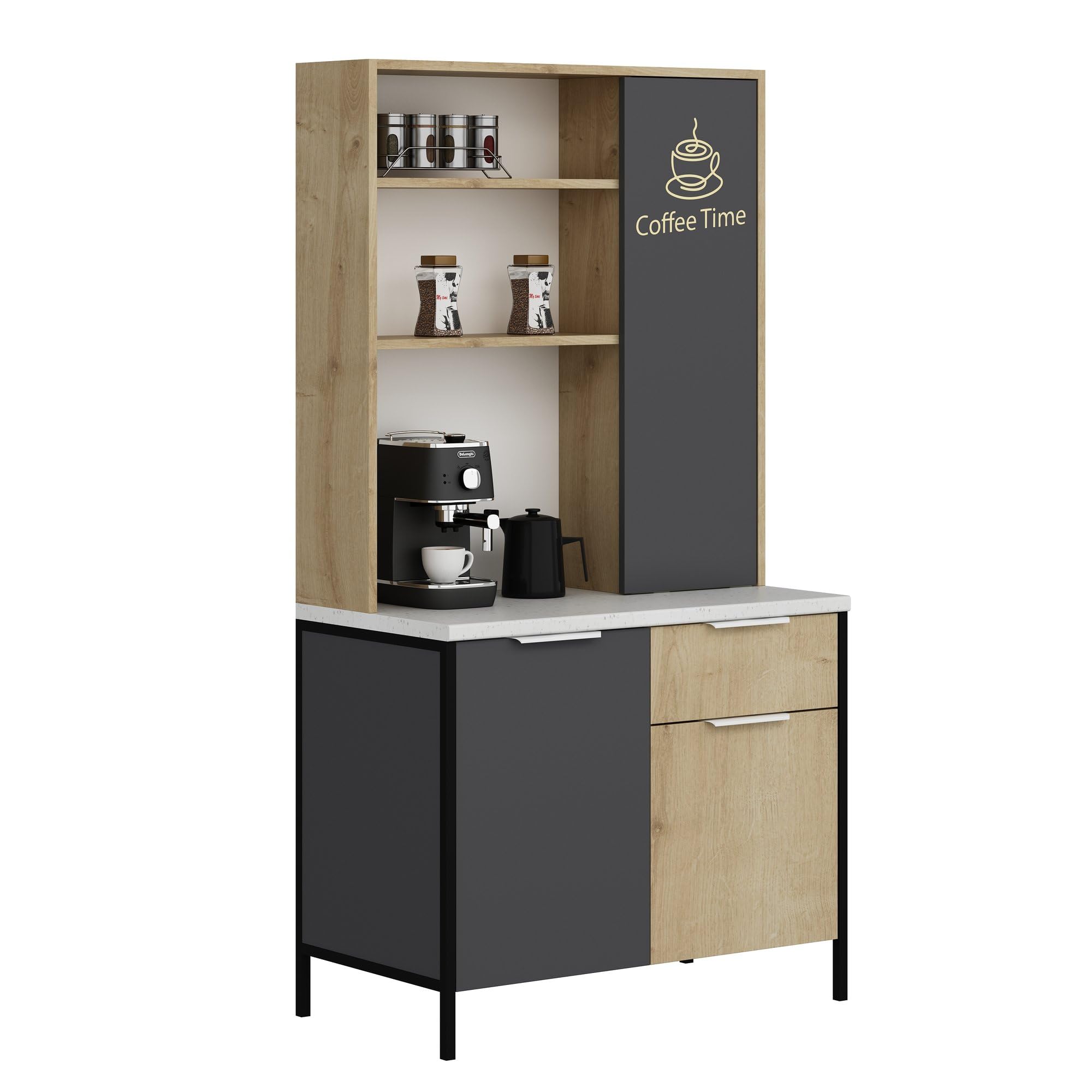 Vep Home - Gabinete Andy Multiusos - 180x94x50 cm - Diseño Moderno y Funcional - con Puertas, Estantes y Cajones - Ideal para Cocina, Comedor o Estación de Café - Acabado Madera y Antracita