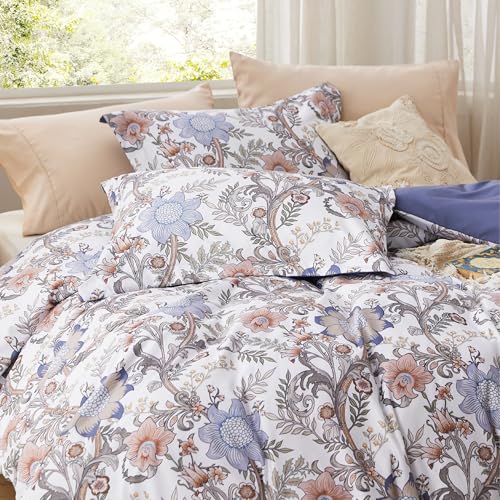 Image of Bedsure Duvet Cover King Size - Reversible Blue Floral Duvet Cover Set with Zipper Closure, 3 Pieces Blossom Patterned Bedding Set with 8 Corner Ties and 2 Pillow Shams 20 inchx36 inch