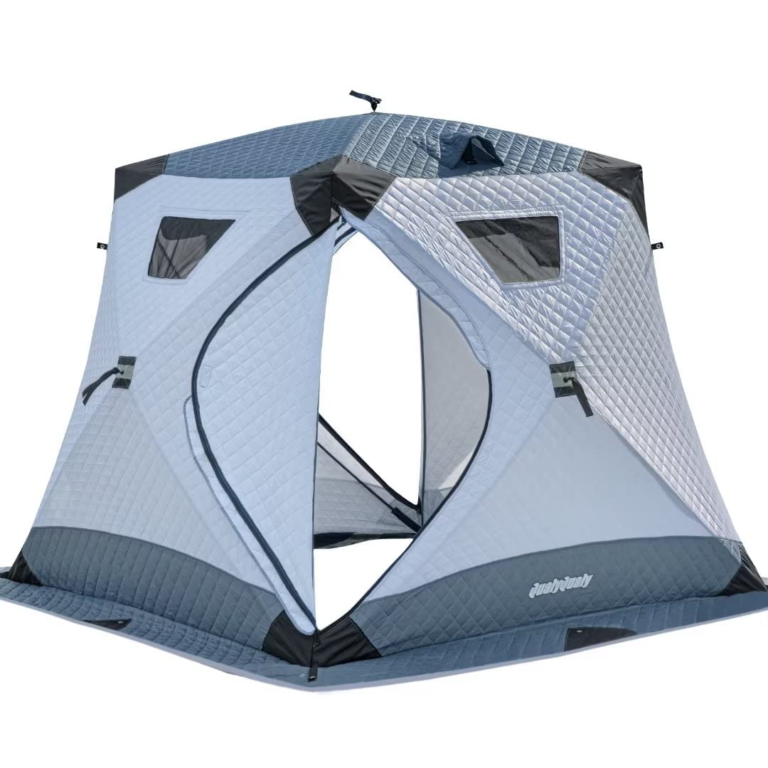 QualyQualy Insulated Ice Fishing Tent, Pop Up Ice Fishing Shelter Portable Ice Fishing Shanty with 4 Windows 2 Storage Bag and Extended Windproof Hem Insulated Tent for Winter