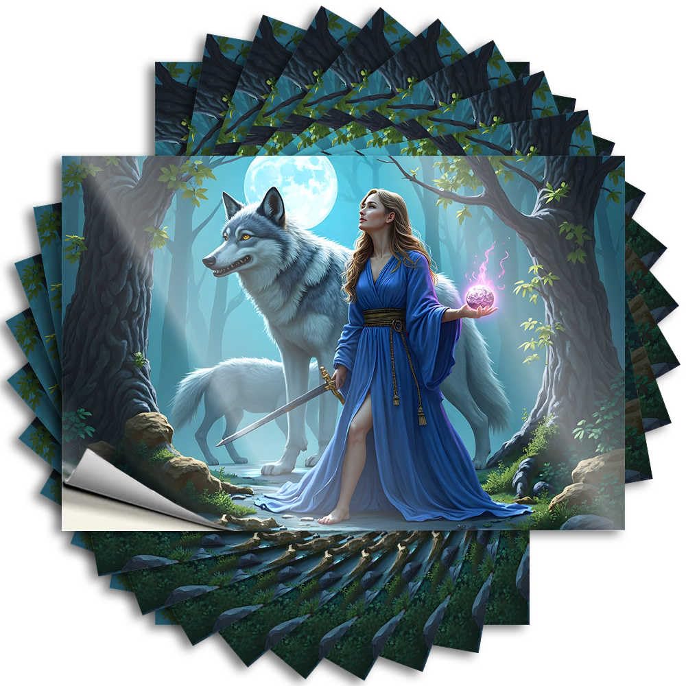 Best Case Decal | Wolf Companion: A Fantasy Woman with Sword and Magic Ball in Moon Snarky for Mom Decor(8X12CM)