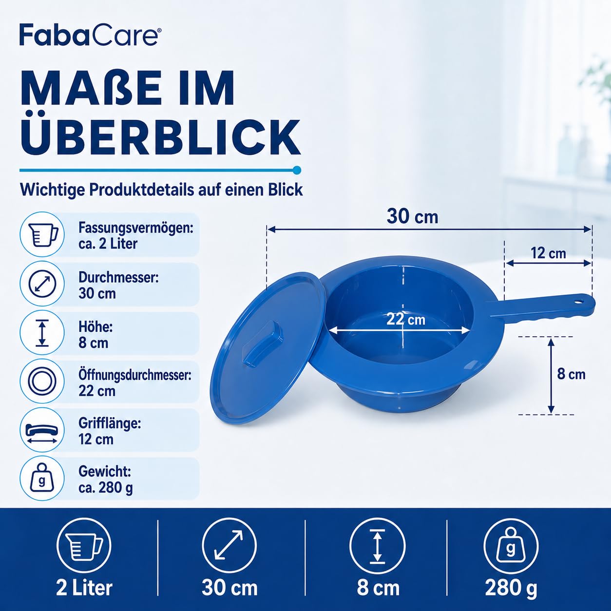 FabaCare Bettpfanne mit Deckel blau für Erwachsene | Stechbecken aus Kunststoff mit Griff, 30 cm Durchmesser, 8 cm Höhe, für Pflege, Klinik und Zuhause