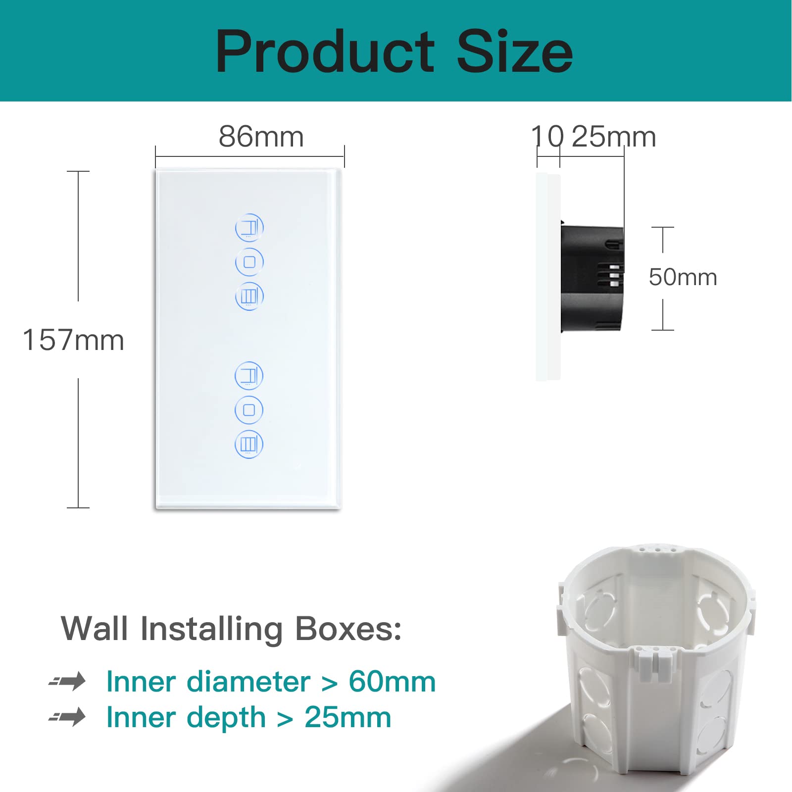 BSEED Dubbele schakelaar voor rolluiken, rolgordijnen, jaloezieën, wifi, compatibel met Alexa/Tuya, percentagecontrole, zwart, 157 mm, nulleider vereist
