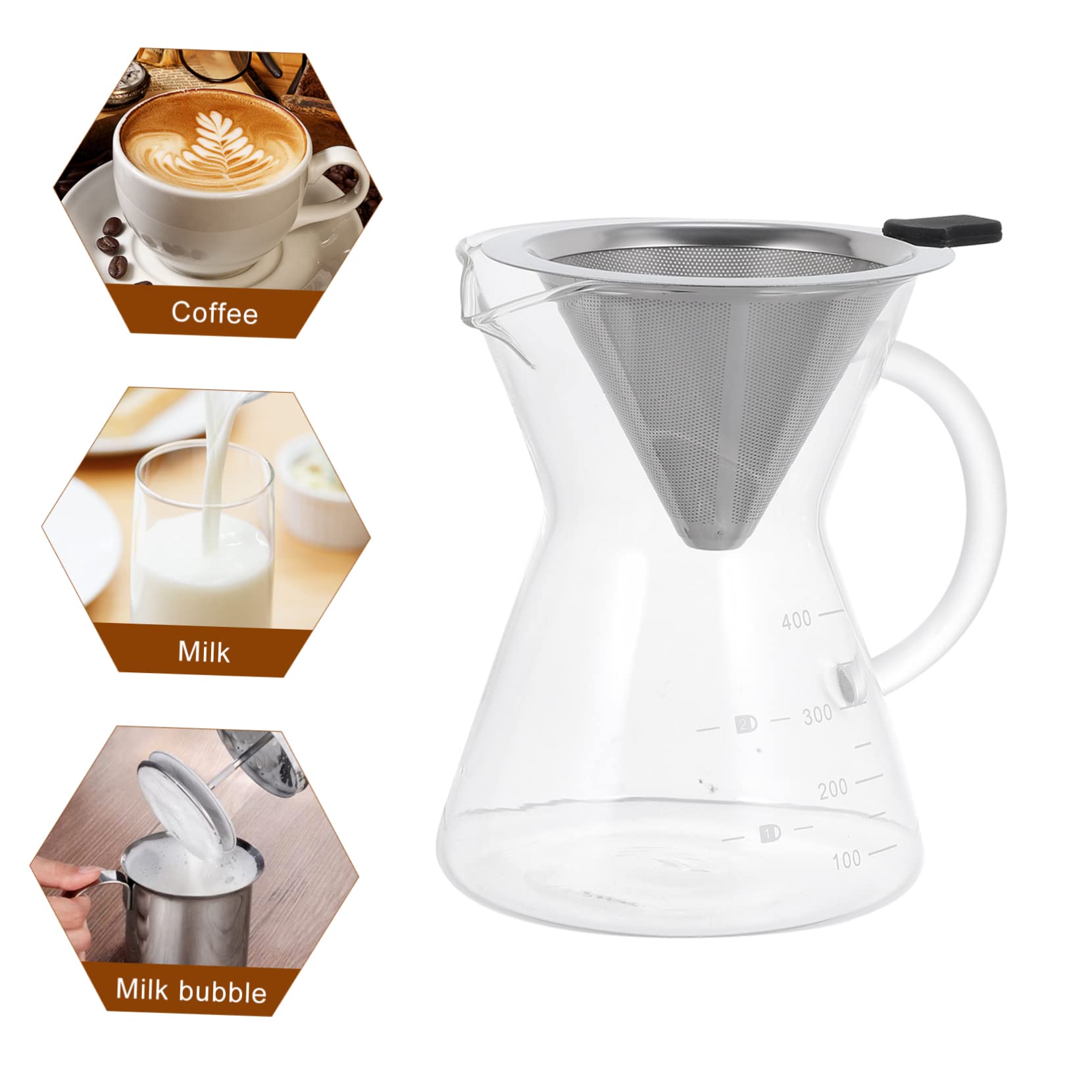 Garneck 1 Set Glass Coffee Pot Hand Frother for Coffee Hand Coffee Dripper Pot Coffee Dripper Coffee Dripper with Handle Coffee Brewer Cone Shaped Coffee Filters Stainless Steel